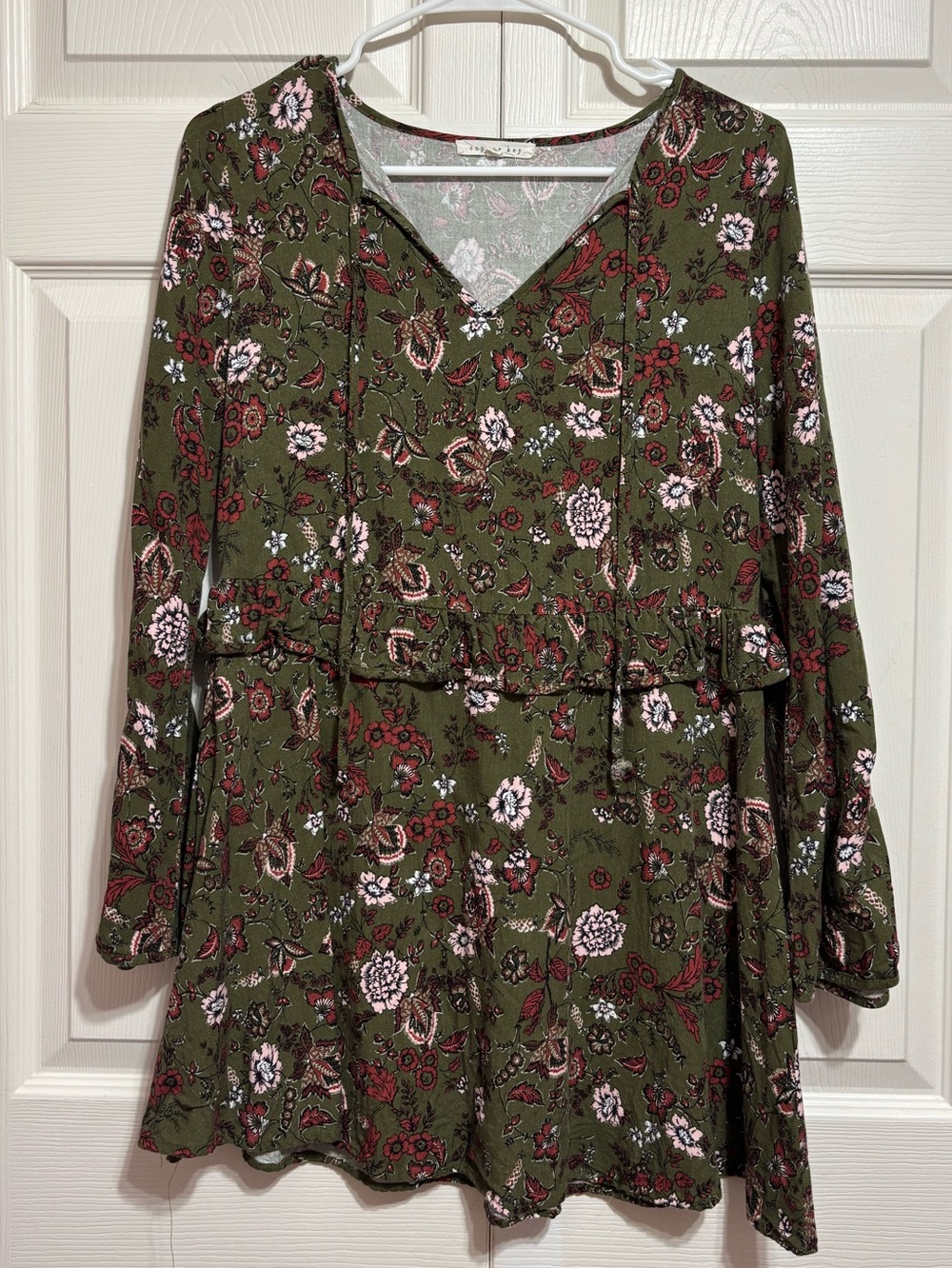 Copper Key Olive Green Floral V-Neck Mini Dress with Pink Accents